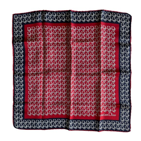 Christian Dior Vintage Silk Scarf – Red & Navy Trotter Monogram - Picture 1 of 11
